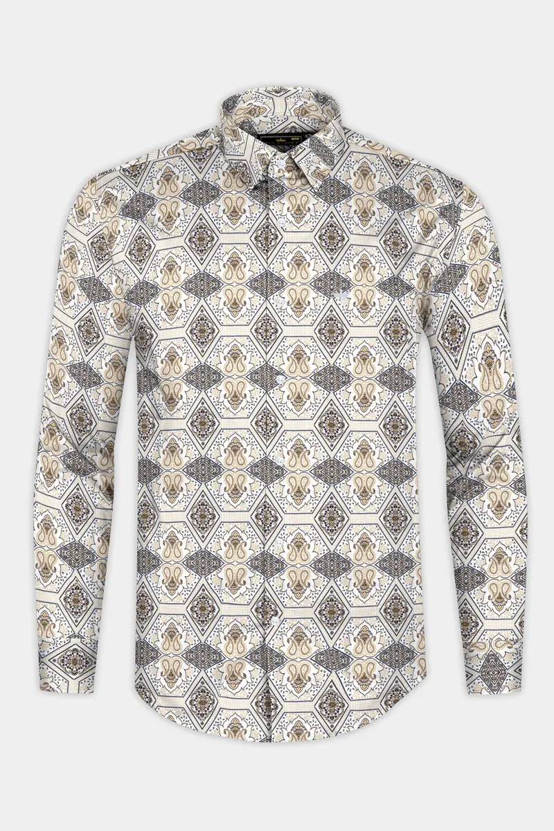 Ceramic White With Raffia Cream Printed Super Soft Premium Cotton Shirt 4