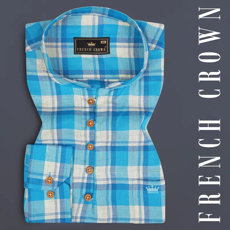 Cerulean Blue And Bright White Plaid Twill Premium Cotton Kurta Shirt 1