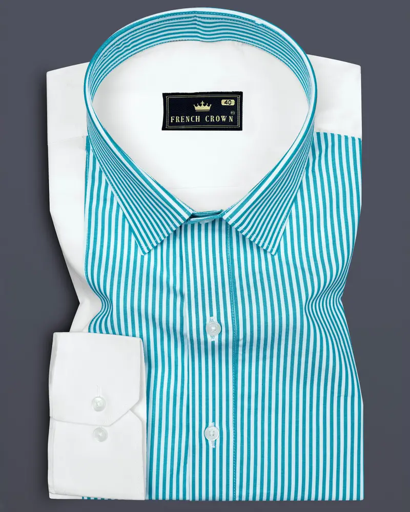 Cerulean Blue And Bright White Striped Super Soft Premium Cotton Designer Shirt 1