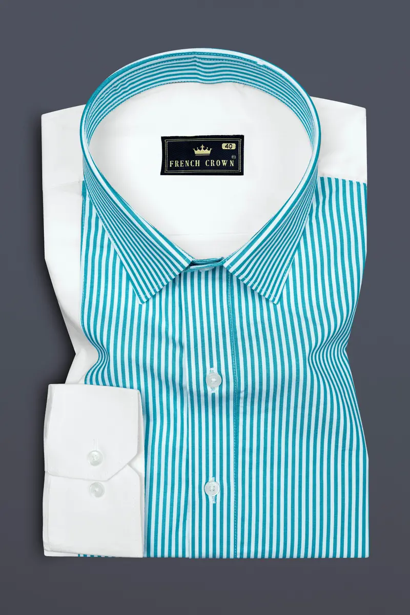 Cerulean Blue And Bright White Striped Super Soft Premium Cotton Designer Shirt 2
