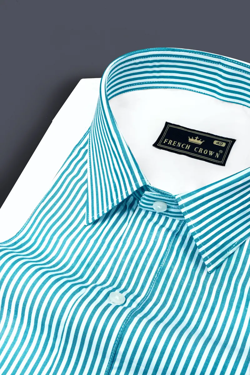 Cerulean Blue And Bright White Striped Super Soft Premium Cotton Designer Shirt 4
