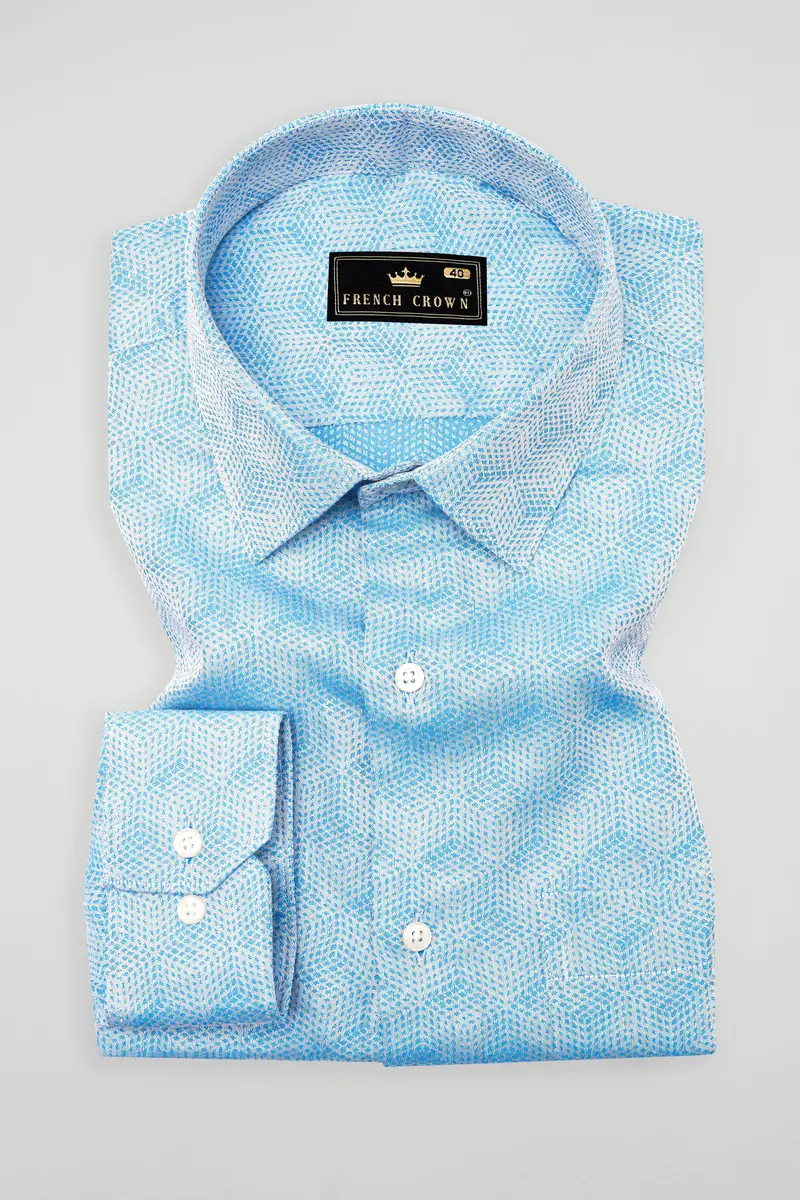 Cerulean Blue And White Jacquard Textured Premium Giza Cotton Shirt 3