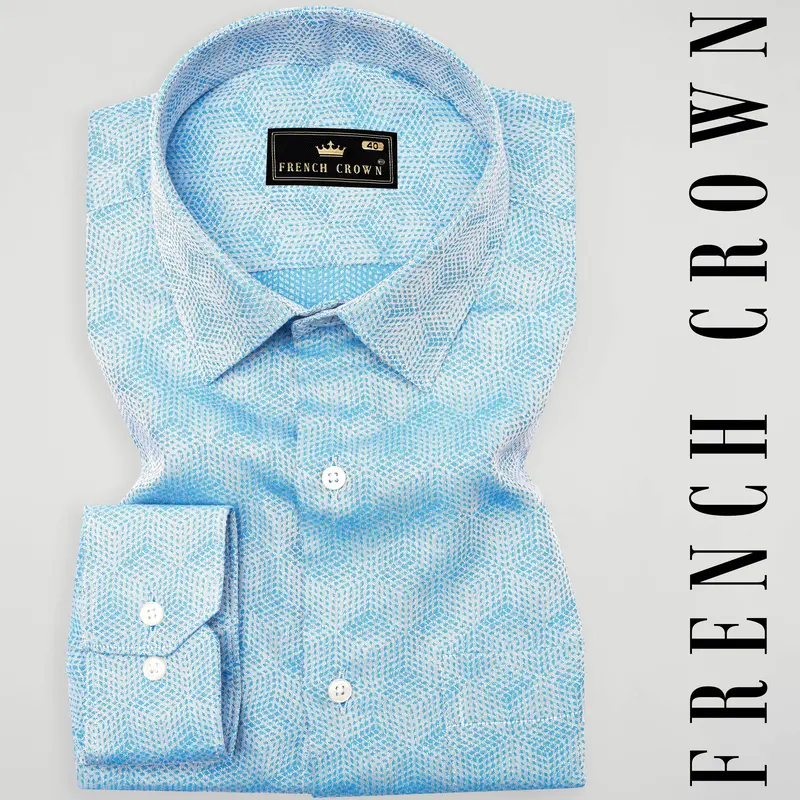 Cerulean Blue And White Jacquard Textured Premium Giza Cotton Shirt 4