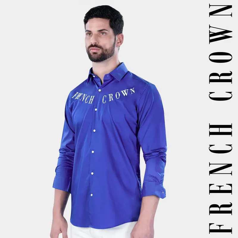 Cerulean Blue French Crown Embroidered Subtle Sheen Super Soft Premium Cotton Designer Shirt 1