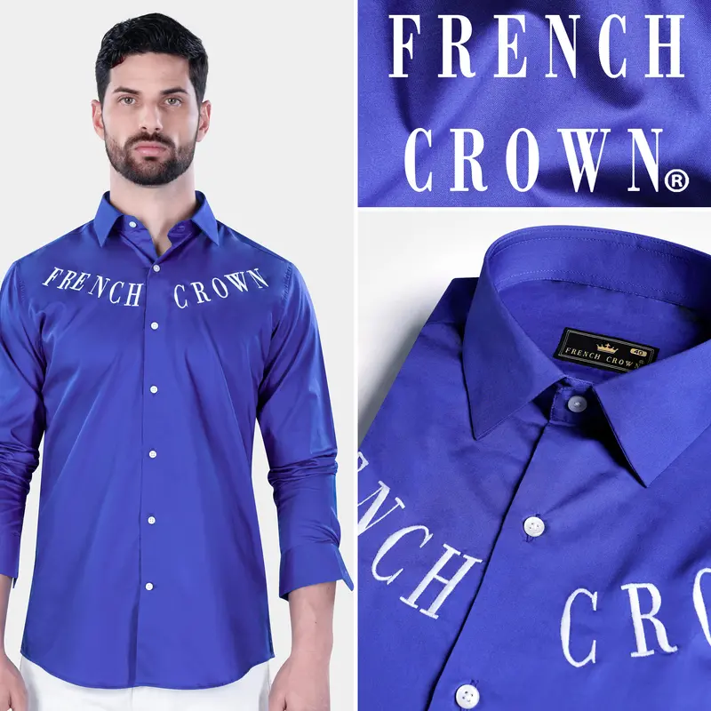 Cerulean Blue French Crown Embroidered Subtle Sheen Super Soft Premium Cotton Designer Shirt 11