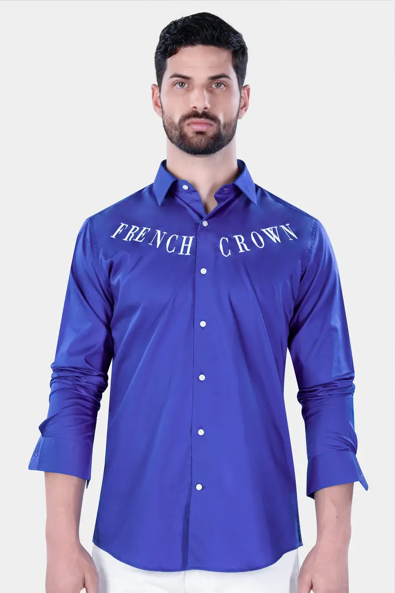 Cerulean Blue French Crown Embroidered Subtle Sheen Super Soft Premium Cotton Designer Shirt 2