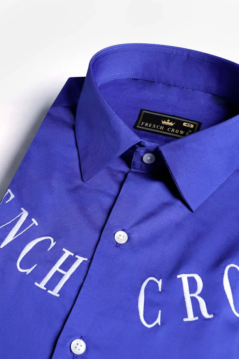 Cerulean Blue French Crown Embroidered Subtle Sheen Super Soft Premium Cotton Designer Shirt 4