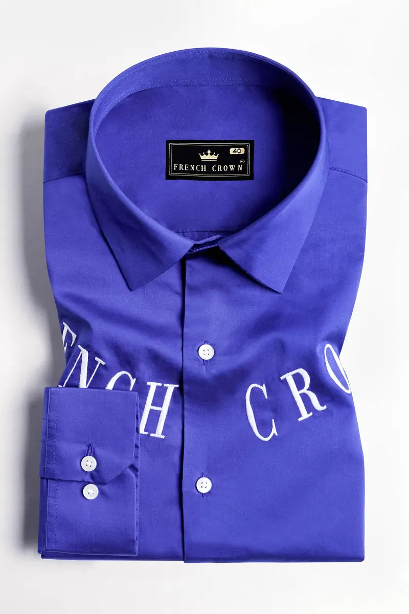 Cerulean Blue French Crown Embroidered Subtle Sheen Super Soft Premium Cotton Designer Shirt 5