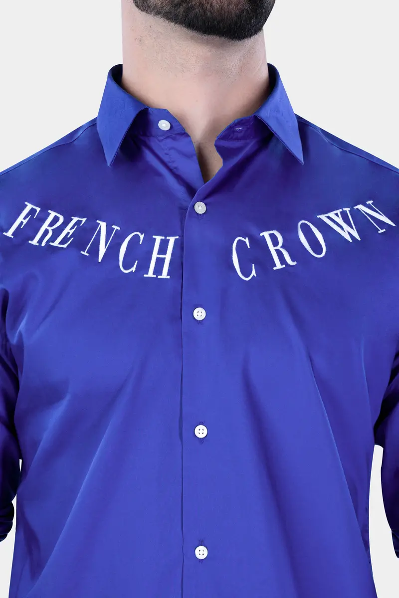 Cerulean Blue French Crown Embroidered Subtle Sheen Super Soft Premium Cotton Designer Shirt 6