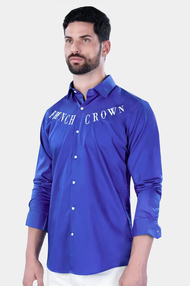 Cerulean Blue French Crown Embroidered Subtle Sheen Super Soft Premium Cotton Designer Shirt 7