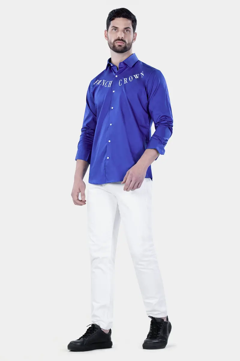 Cerulean Blue French Crown Embroidered Subtle Sheen Super Soft Premium Cotton Designer Shirt 8