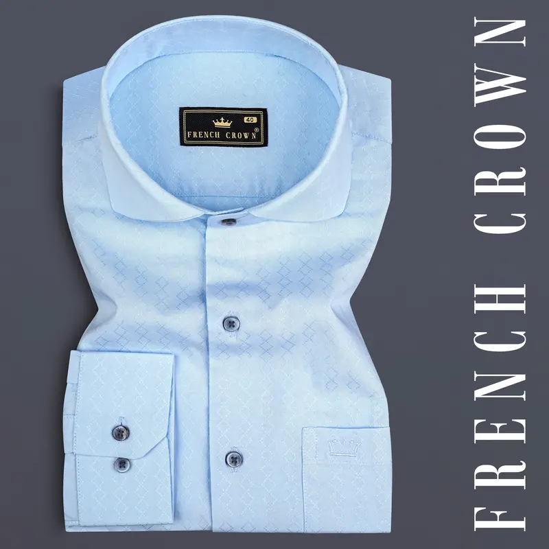 Cerulean Blue Jacquard Textured Premium Cotton Shirt 7
