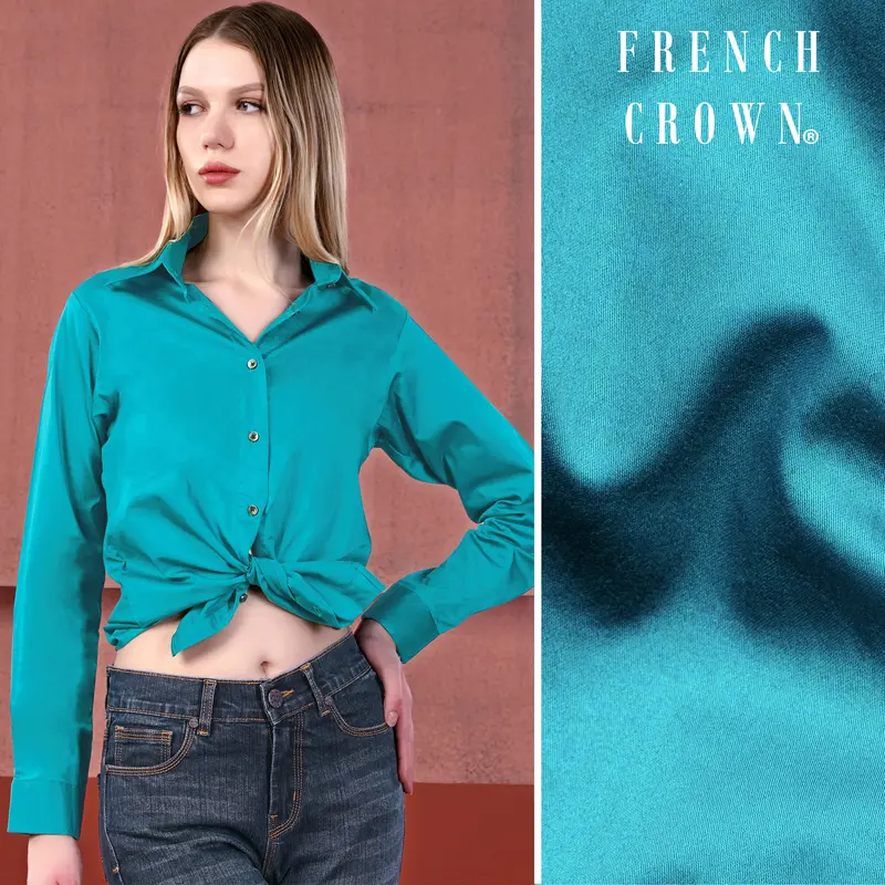 Cerulean Blue Premium Cotton Tie Up Style Crop Shirt 1