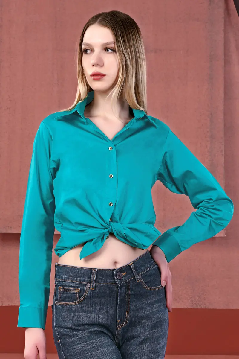 Cerulean Blue Premium Cotton Tie Up Style Crop Shirt 2