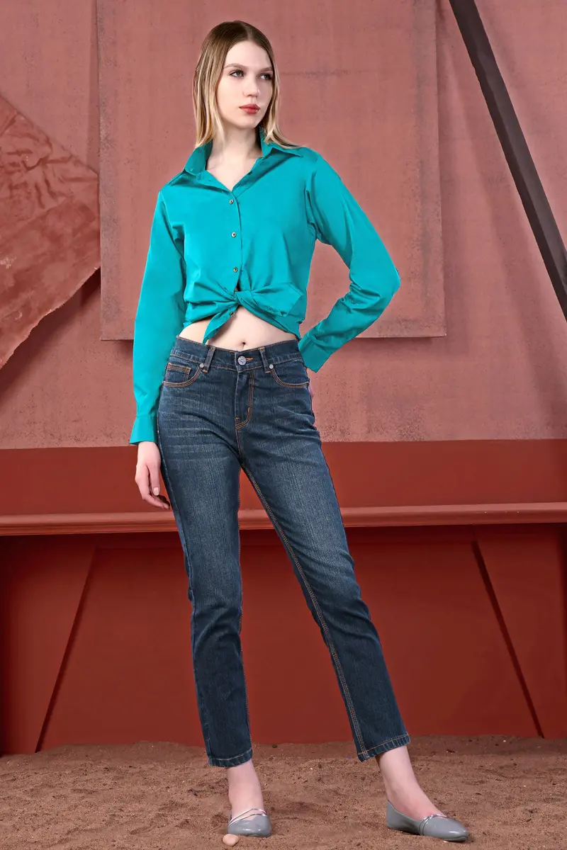 Cerulean Blue Premium Cotton Tie Up Style Crop Shirt 5