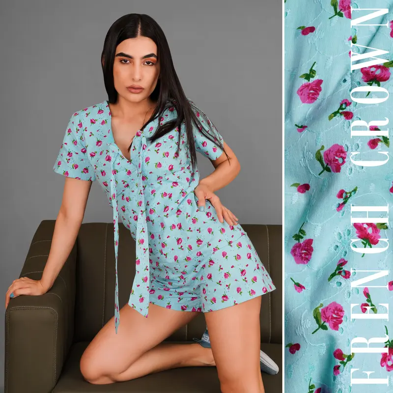Cerulean Blue Rose Printed Premium Cotton Jumpsuit 1