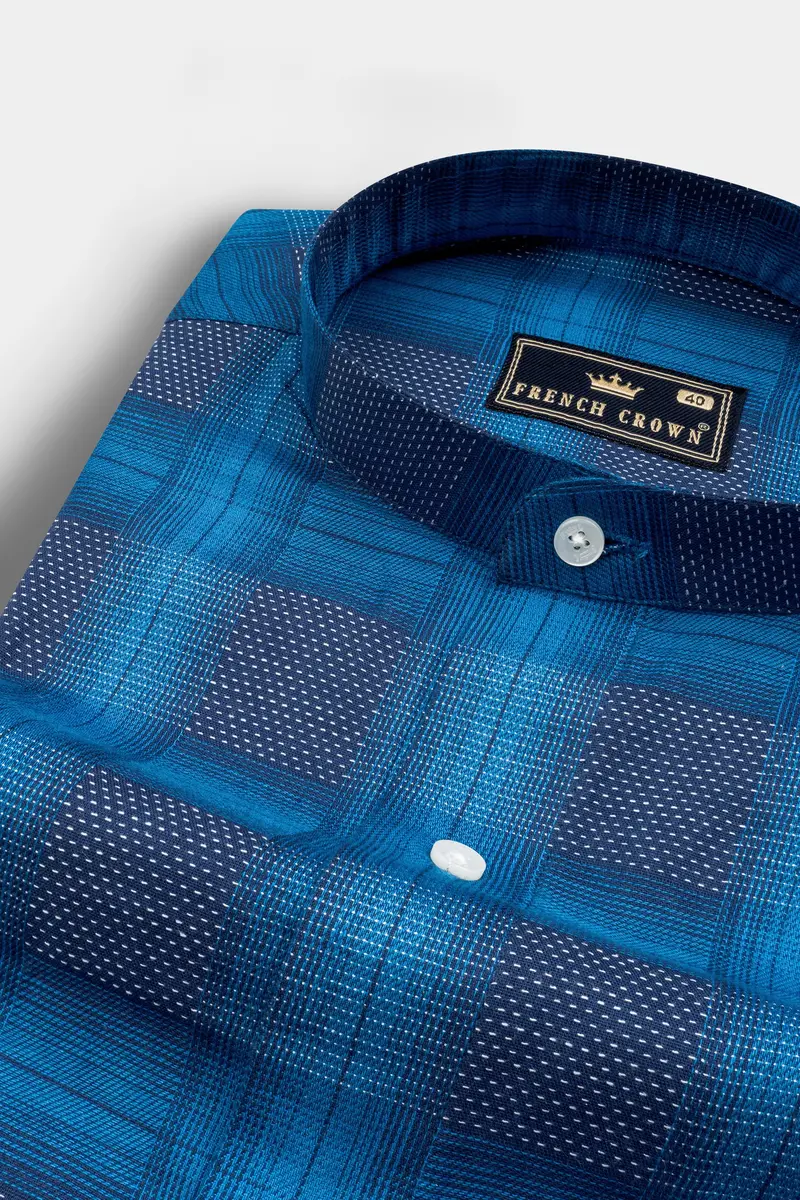 Cerulean Blue Windowpane Dobby Premium Giza Cotton Shirt 1