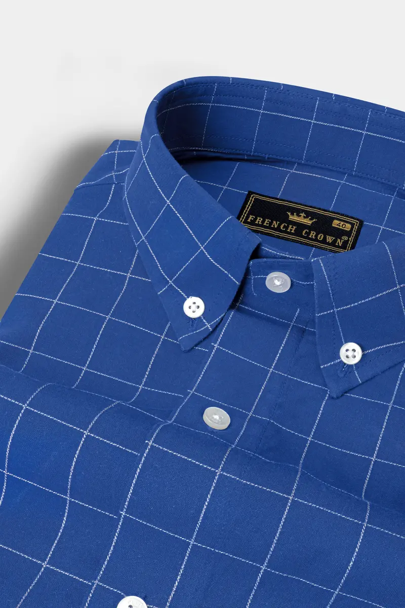 Cerulean Blue Windowpane Dobby Textured Premium Giza Cotton Shirt 1