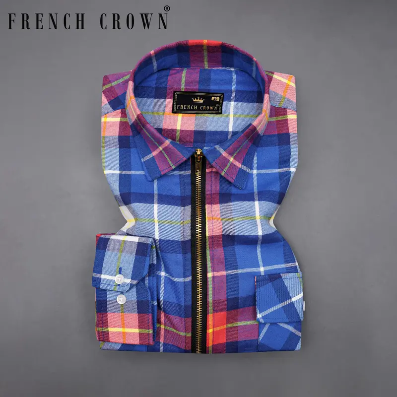 Cerulean Blue With Carmine Red Twill Windowpane Zipper Closure Designer Overshirt/Shacket 1