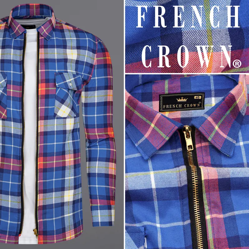Cerulean Blue With Carmine Red Twill Windowpane Zipper Closure Designer Overshirt/Shacket 11