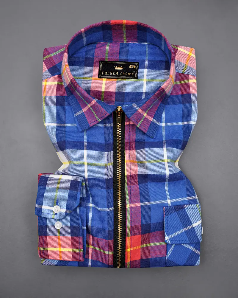 Cerulean Blue With Carmine Red Twill Windowpane Zipper Closure Designer Overshirt/Shacket 2