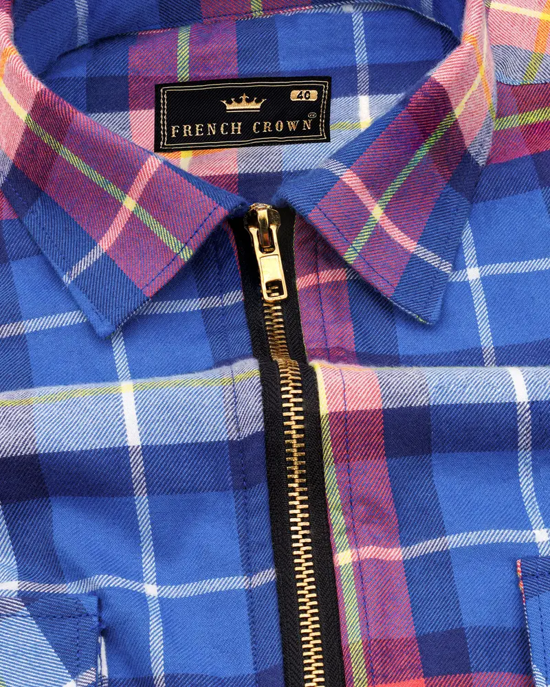 Cerulean Blue With Carmine Red Twill Windowpane Zipper Closure Designer Overshirt/Shacket 4
