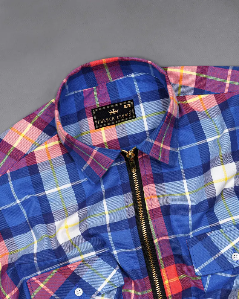Cerulean Blue With Carmine Red Twill Windowpane Zipper Closure Designer Overshirt/Shacket 5