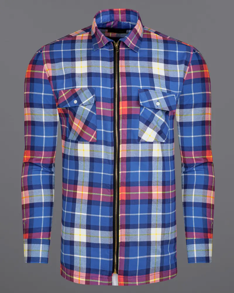 Cerulean Blue With Carmine Red Twill Windowpane Zipper Closure Designer Overshirt/Shacket 6