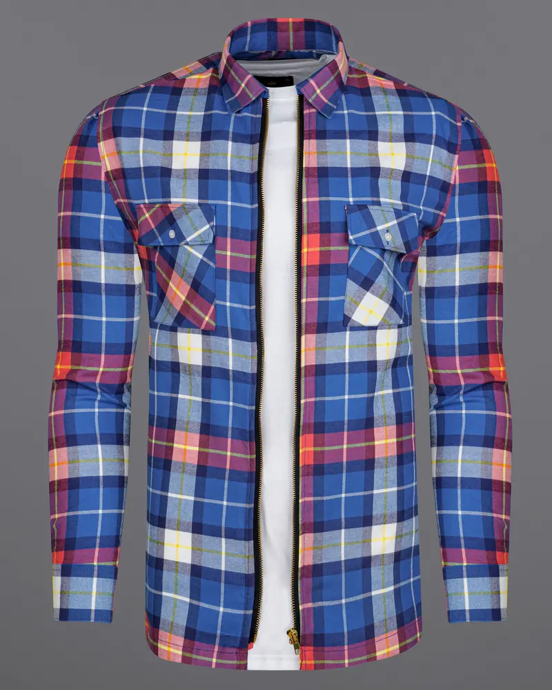 Cerulean Blue With Carmine Red Twill Windowpane Zipper Closure Designer Overshirt/Shacket 7