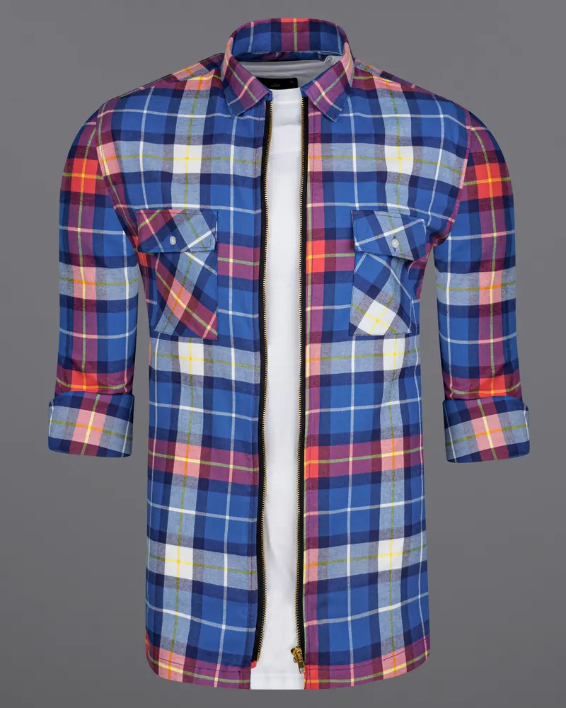 Cerulean Blue With Carmine Red Twill Windowpane Zipper Closure Designer Overshirt/Shacket 8