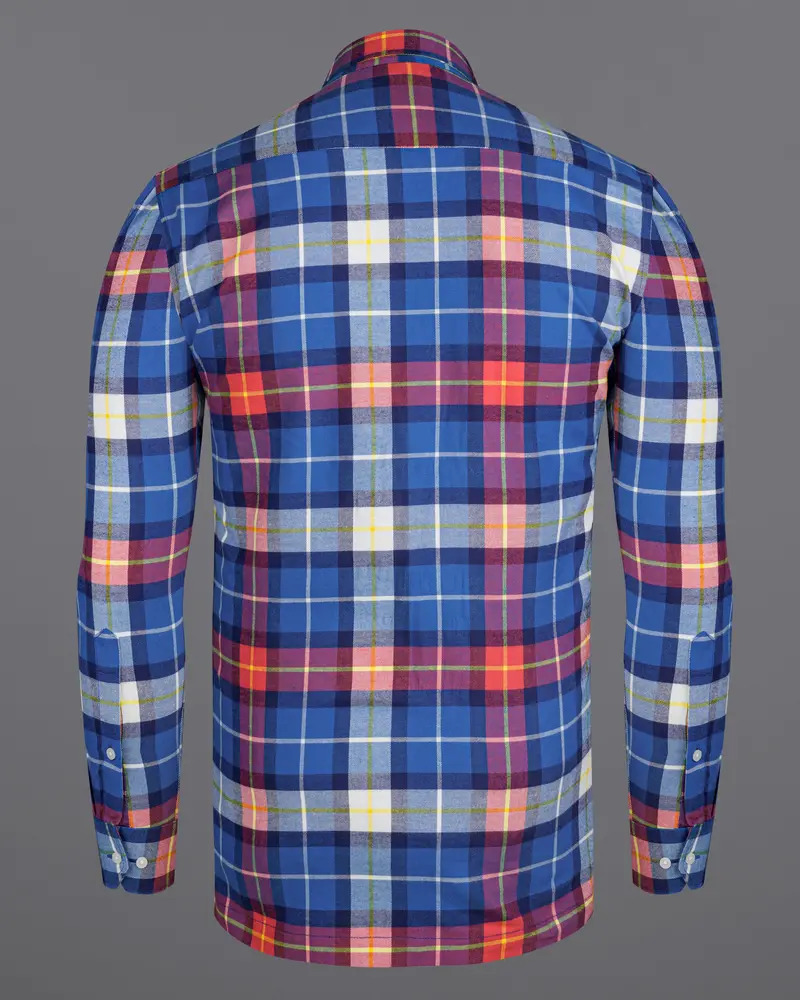 Cerulean Blue With Carmine Red Twill Windowpane Zipper Closure Designer Overshirt/Shacket 9