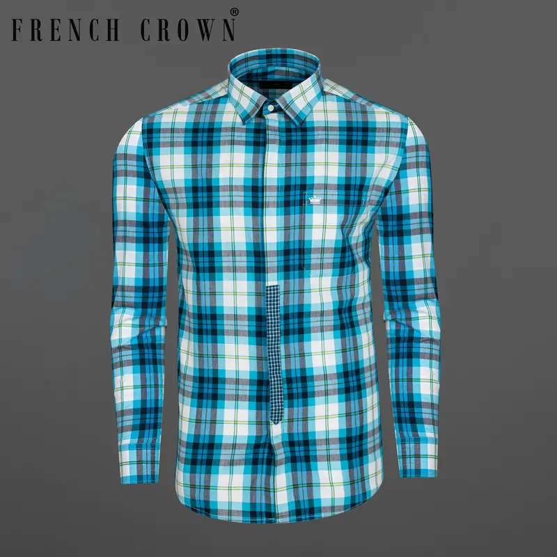 Cerulean Blue With White And Mirage Black Plaid Premium Cotton Designer Shirt 1