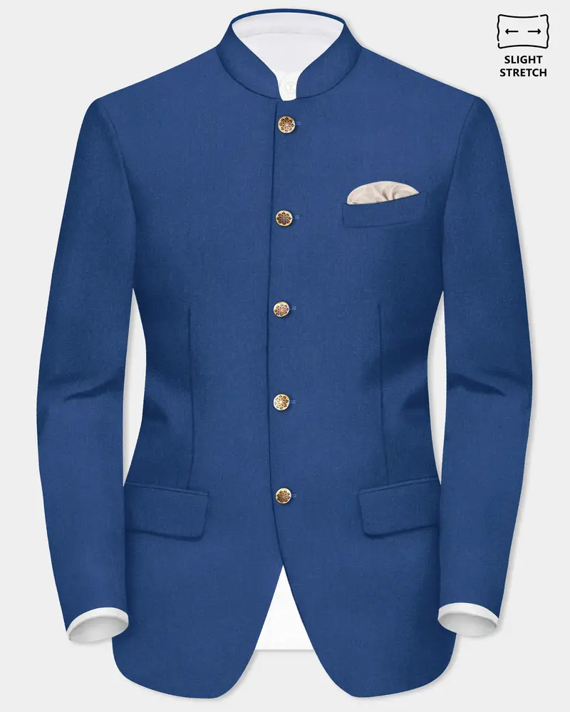 Cerulean Elite-Cobalt Blue Solid Wool Rich Bandhgala Slight Stretch Blazer 1