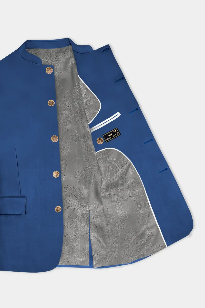 Cerulean Elite-Cobalt Blue Solid Wool Rich Bandhgala Slight Stretch Blazer 4