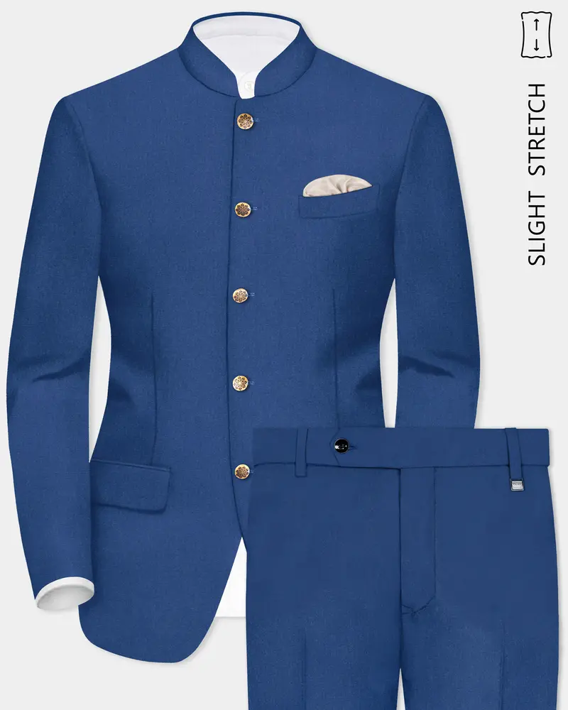 Cerulean Elite-Cobalt Blue Solid Wool Rich Bandhgala Slight Stretch Suit 1