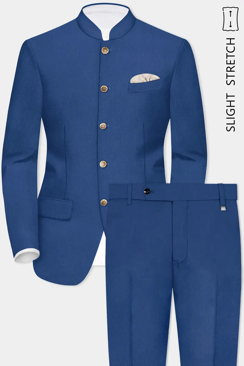 Cerulean Elite-Cobalt Blue Solid Wool Rich Bandhgala Slight Stretch Suit 2