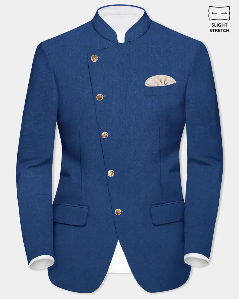 Cerulean Elite-Cobalt Blue Solid Wool Rich Cross Placket Bandhgala Slight Stretch Blazer 1