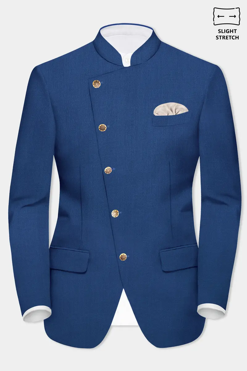 Cerulean Elite-Cobalt Blue Solid Wool Rich Cross Placket Bandhgala Slight Stretch Blazer 2