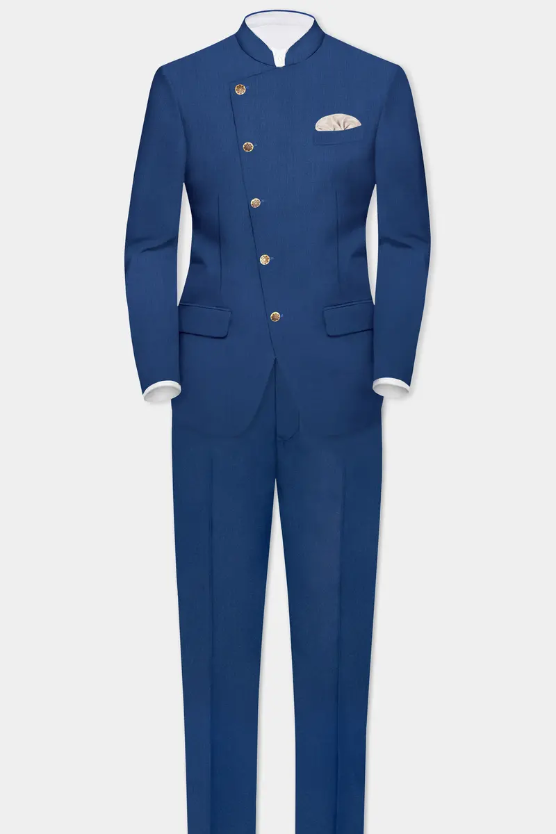 Cerulean Elite-Cobalt Blue Solid Wool Rich Cross Placket Bandhgala Slight Stretch Blazer 8