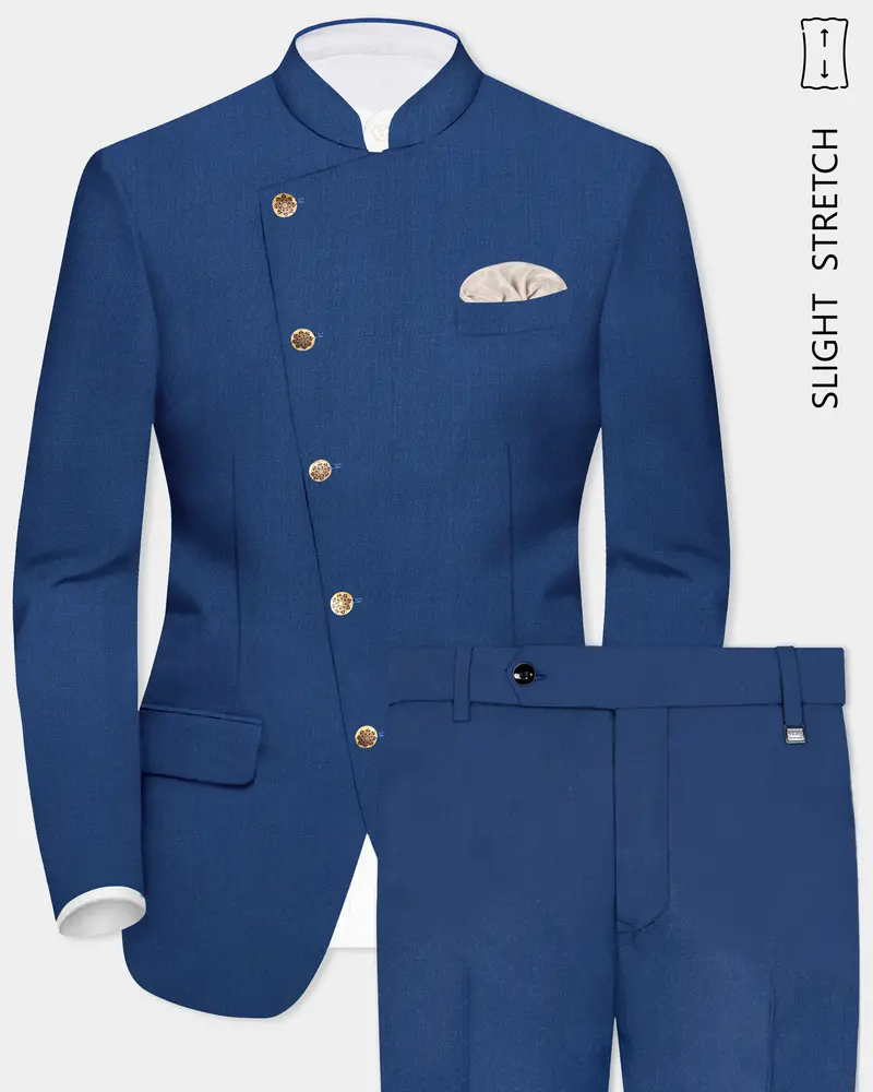 Cerulean Elite-Cobalt Blue Solid Wool Rich Cross Placket Bandhgala Slight Stretch Suit 1