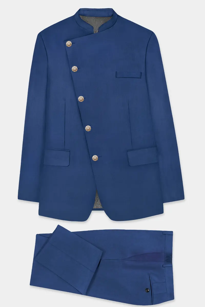 Cerulean Elite-Cobalt Blue Solid Wool Rich Cross Placket Bandhgala Slight Stretch Suit 10