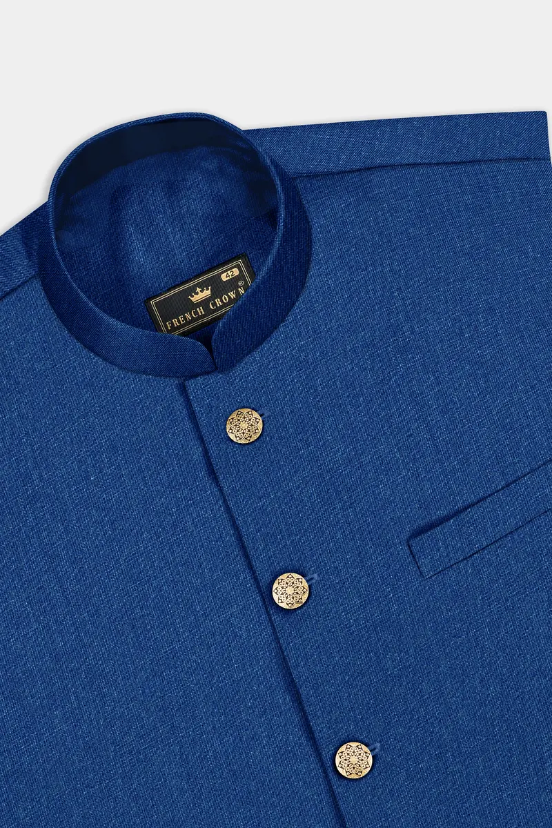 Cerulean Elite-Cobalt Blue Solid Wool Rich Cross Placket Bandhgala Slight Stretch Suit 17
