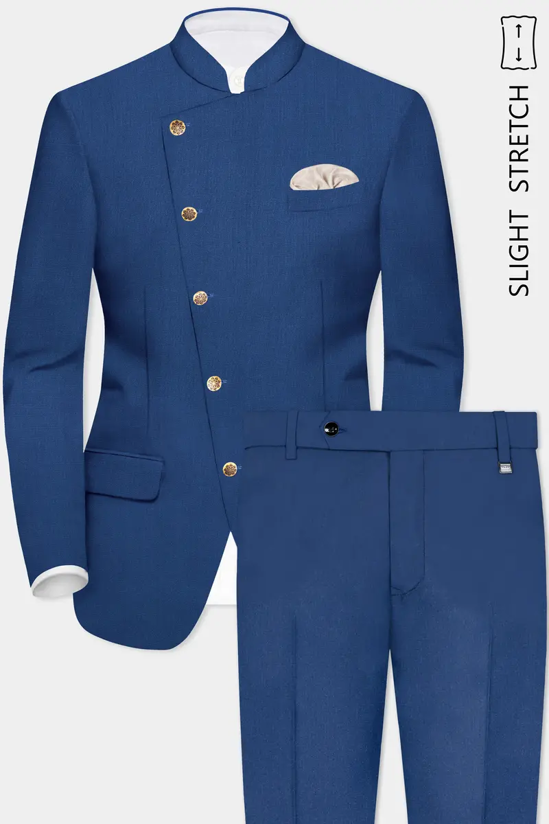 Cerulean Elite-Cobalt Blue Solid Wool Rich Cross Placket Bandhgala Slight Stretch Suit 2