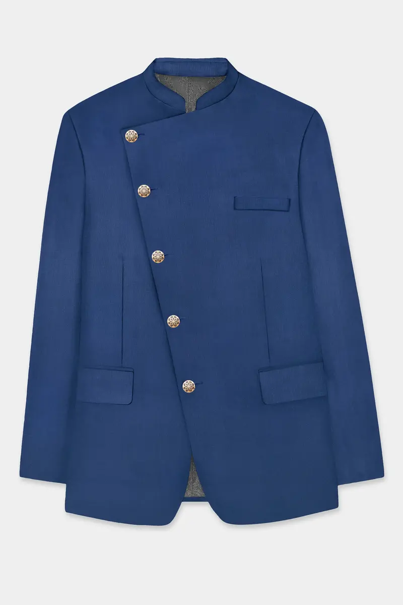 Cerulean Elite-Cobalt Blue Solid Wool Rich Cross Placket Bandhgala Slight Stretch Suit 7