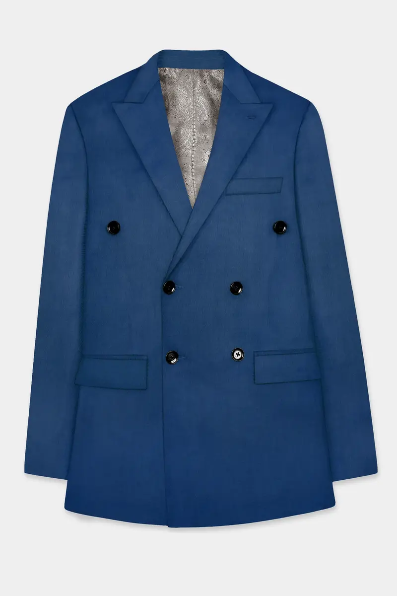 Cerulean Elite-Cobalt Blue Solid Wool Rich Double Breasted Slight Stretch Blazer 7