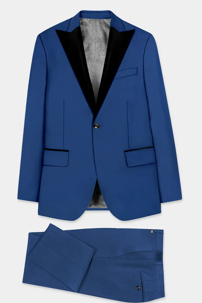 Cerulean Elite-Cobalt Blue Solid Wool Rich Peak Lapel Tuxedo Slight Stretch Suit 11