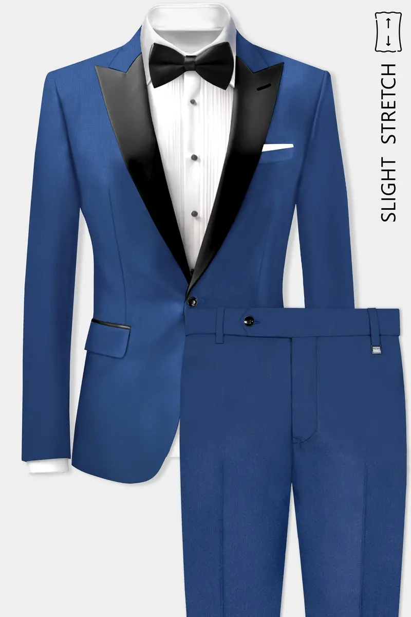 Cerulean Elite-Cobalt Blue Solid Wool Rich Peak Lapel Tuxedo Slight Stretch Suit 2