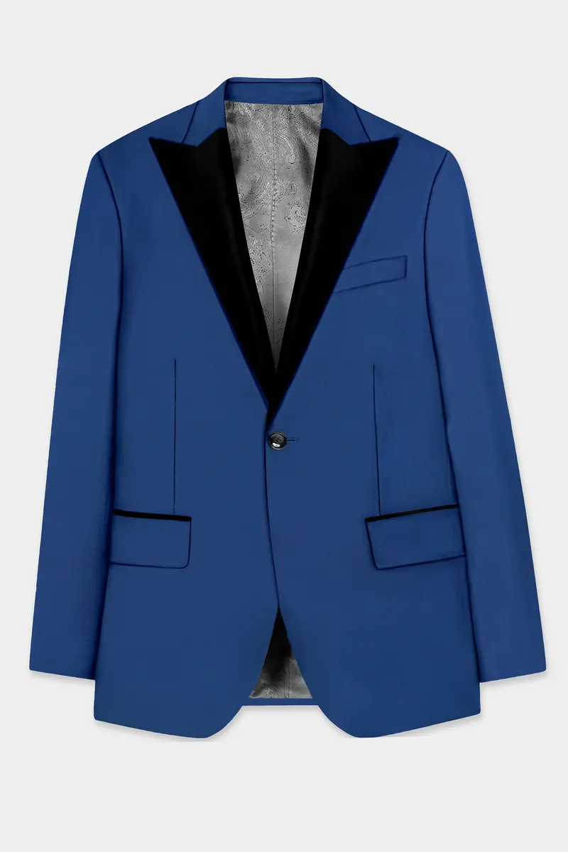 Cerulean Elite-Cobalt Blue Solid Wool Rich Peak Lapel Tuxedo Slight Stretch Suit 8