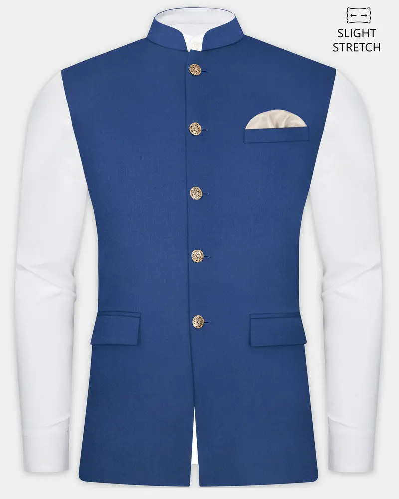 Cerulean Elite-Cobalt Blue Solid Wool Rich Slight Stretch Nehru Jacket 1