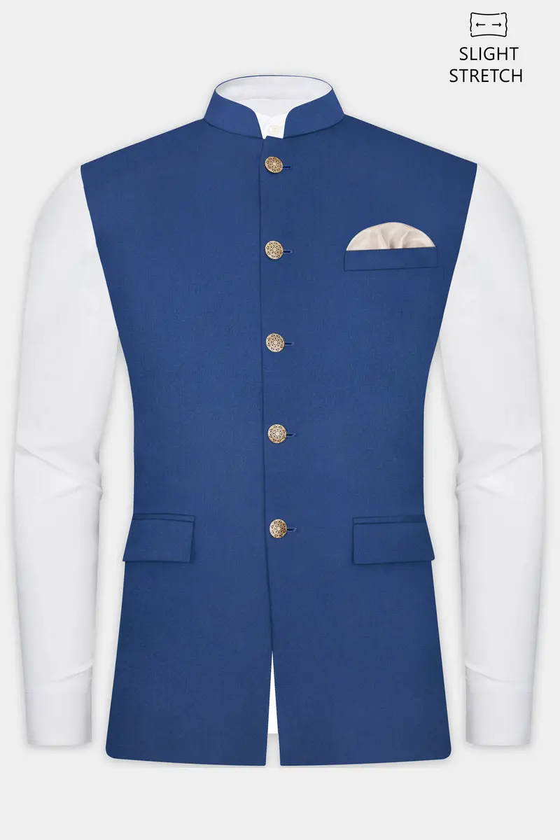 Cerulean Elite-Cobalt Blue Solid Wool Rich Slight Stretch Nehru Jacket 2
